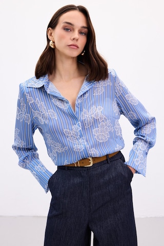 Sateen Geniş Manşetli Gömlek - Mavi-136905 Mavi