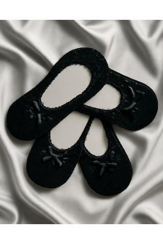 Heren Socks Heren 4'lü Dantelli Kadın Babet Çorap , Fiyonklu , Fileli SİYAH_200-BLACK