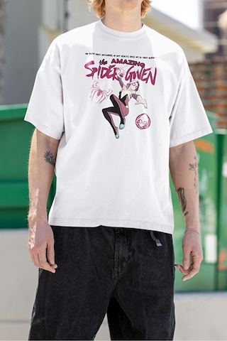 Sevbano The Amazing Spider Gwen Baskılı Unisex Tişört, Oversize Marvel Ti Beyaz