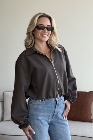 Koyu Kahverengi Crop Bomber Ceket Koyu Kahverengi