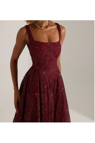 Uzer Abiye Işıltılı Sim Baskılı Jacquard Dokulu Kare Yaka Couture Premium Abiye Elbise,düğün Albisesi Bordo