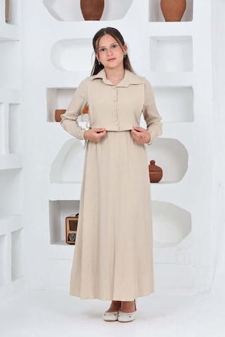 Kız Çocuk Uzun Boy Gofre Kumaş Jile & Elbise İki Parça Takım Astarlı Zarif Set-4948 Bej