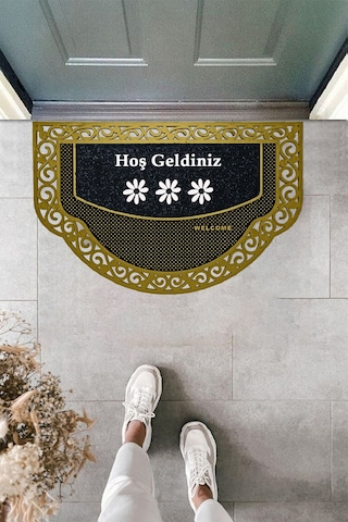 Yarım Ay Modeli Hoş Geldiniz Yazlı Çiçek Desenli Kapı Önü Paspası Altın