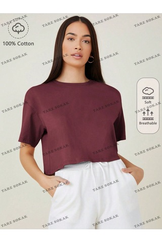 Flood Of Style Crop Ckod-232913 Pamuk Damla Omuz Düz Kısa Bordo
