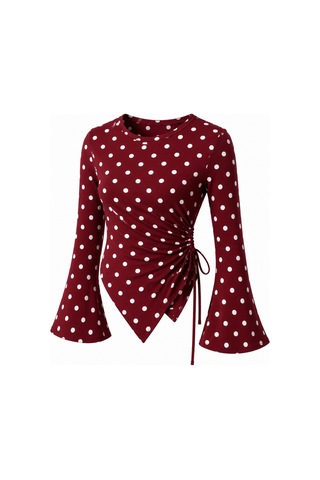 Meren Like Your Style Puantiyeli Yuvarlak Yaka Drape Detaylı İspanyol Kol Tesettür Uyumlu Üst Bluz Bordo Poantiye