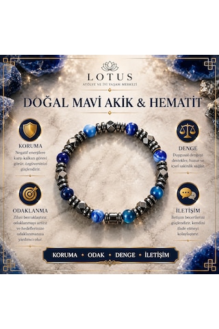 Gece Mavisi Premium Bileklik %100 Doğal Mavi Akik & Hematit Doğal Taş Bileklik