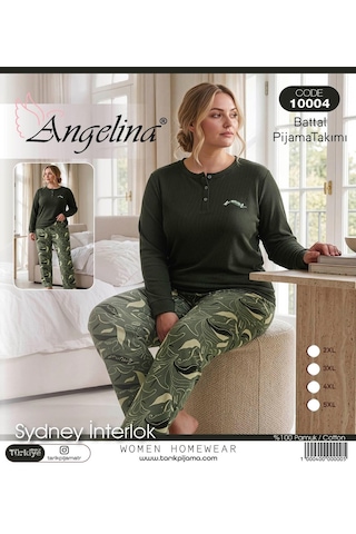 Angelina Kadın Battal Düğmeli Yaka %100 Pamuk İnterlok Kışlık Pijama Takımı 10004 - 1 Adet Haki
