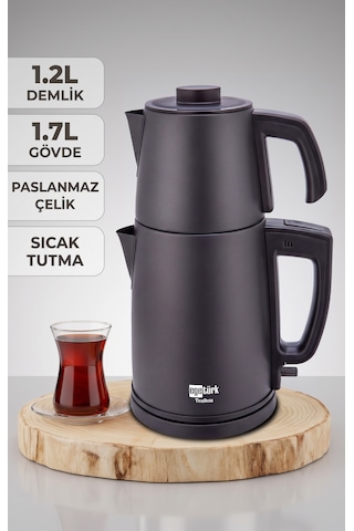 Egetürk Teadem 2000w Elektrikli Çay Makinesi, Çaycı 1.7l Su Isıtıcısı .2l Demlik Paslanmaz Çelik Siyah