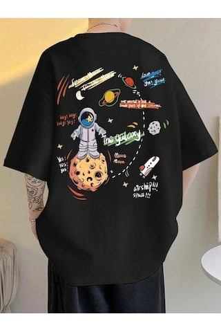 Flood Of Style Unisex Siyah Space Uzay Baskılı Oversize