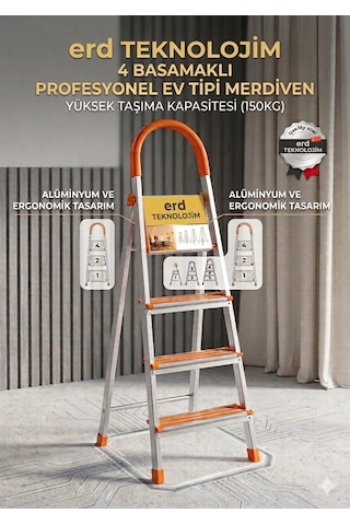4 Basamaklı Profesyonel Ev Tipi Alüminyum Merdiven 150 Kg Taşıma Kapasitesi 4