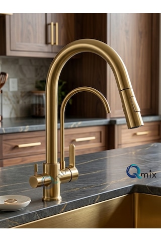 Spiralli Arıtmalı Lüx Mutfak Eviye Bataryası Modern Mat Gold Renk Pirinç Gövde Musluk Mat Altın