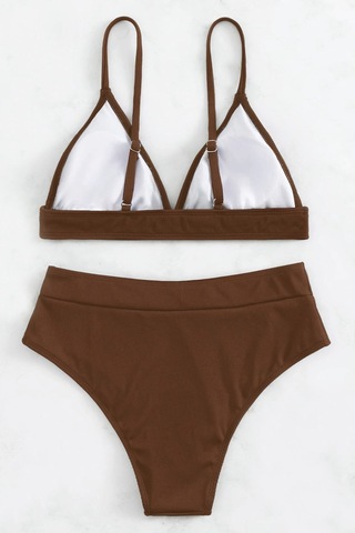 Angelsin Ayarlanabilir Askılı Üçgen Tasarım Yüksek Bel Bikini Takımı Kahverengi