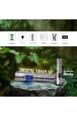 M06 Metal Kasa Uzun Menzil Profesyonel Led Fener 1800 Lümen 5000 Mah Zoom 4 Mod Dijital Ekranlı Usb Şarjlı Fener Powerbank Açık Gri