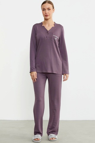 Feminight Sementa 76438 Yarım Düğmeli Cep Detaylı Pijama Takım Mor