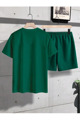 Newyork Çizgi T-shirt Şort - Yeşil Alt Üst Kombin Şort Tişört Takım Baskılı Oversize Bisiklet Yaka Yeşil