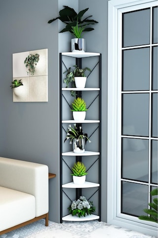 Datça 6 Raflı Metal Köşe Kitaplık Rafı Dekoratif Aksesuar Rafı 180 Cm Beyaz Beyaz