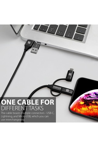 Promate Universal Lightning Type-C Micro-USB Şarj Kablosu Siyah