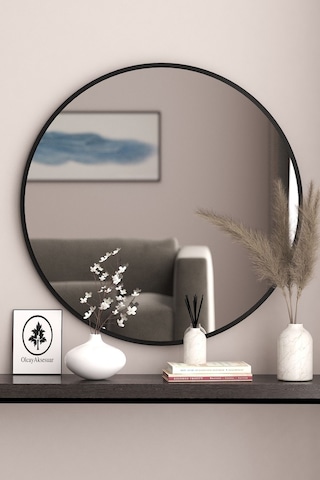 Siyah Dekoratif 58cm Yuvarlak Ayna Antre Hol Koridor Duvar Aynası Salon Mutfak Banyo Wc Ofis Aynası Siyah