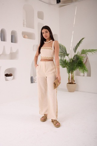 Zikzak Nakış Kalın Askılı Crop Bluz Pantolon 2li Takım Bej