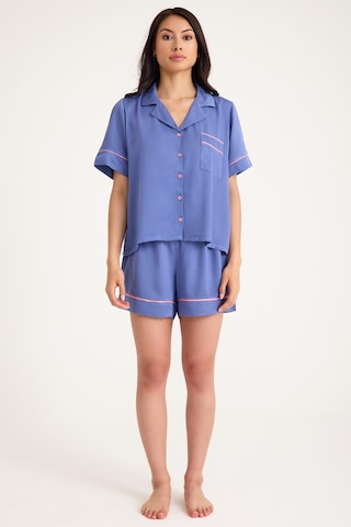 Dream Mavi/pembe Dantel Detaylı Uzun Ve Şortlu Önden Düğmeli 8 Parça Pijama Takım Set Mavi/pembe