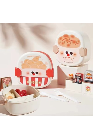 Kızarmış Tavuk Şeklinde Çocuklar İçin Taşınabilir Kapaklı Çatal Kaşık 3 Bölmeli Öğle Yemeği Kutusu Bej