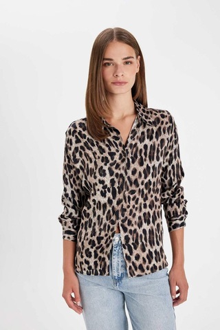 Defacto Regular Fit Leopar Desenli Poplin Uzun Kollu Gömlek D3148AX24AUBK81 Siyah