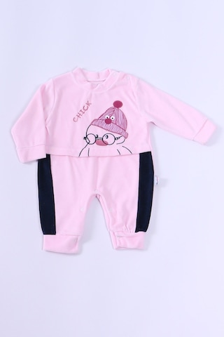 Hçm Bebek Kadife Tulum Uzun Kollu Çıtçıtlı Baskılı D5 Toz Pembe