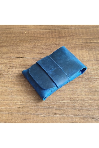 Sumerian Leather Craft Minimalist Deri Kartlık Mavi Anahtarlık Hediye Mavi