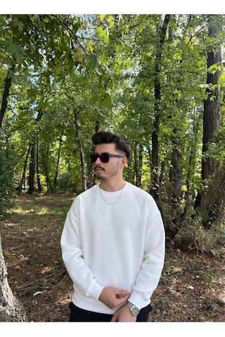 Erkek Oversize Bisiklet Yaka Geniş Kesim Sweatshirt Beyaz