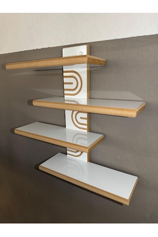 Asimetrik Bohem Ahşap Dekoratif Duvar Rafı 4 Raflı Beyaz