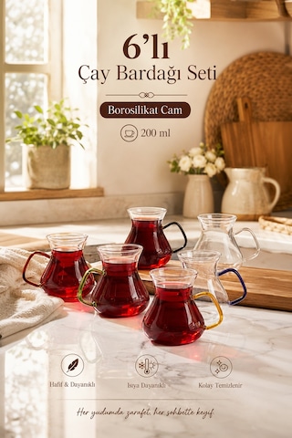 Perotti 16013 Ehl-i Keyf Renkli 6'lı Borosilikat Çay Bardağı Set Renkli