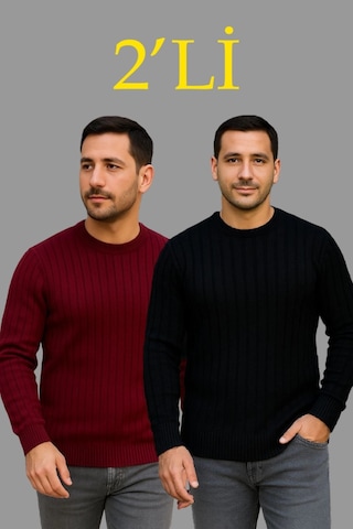 Etiler Collection Erkek Fitilli Triko Kazak 2 Li Set Siyah - Bordo, Kalın Dokuma Pamuklu Regular Fit Bisiklet Yaka Uzun Kollu Rahat Kışlık Kazak Kombini