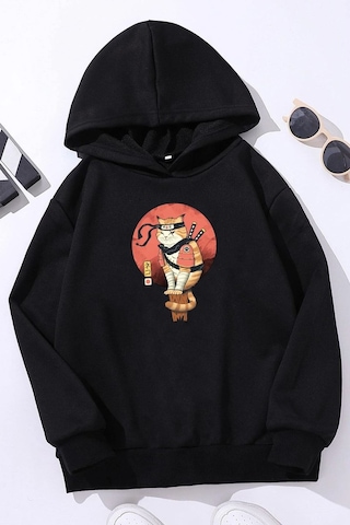 Çocuk Shinobi Kedi Baskılı Sweatshirt Siyah