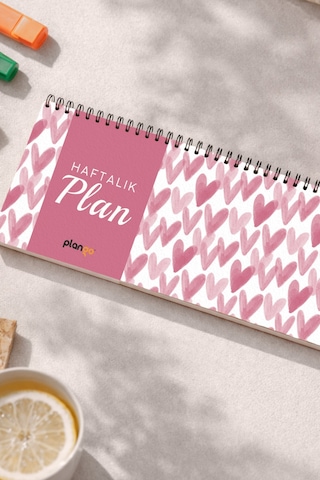 Tarihsiz Spiralli Haftalık Masaüstü Planlayıcı - Kalpler - 10x30 Cm Plango Turkuaz