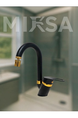 Lüx Siyah-gold Baston Borulu Oynar Başlıklı Perlatörlü Banyo Lavabo Bataryası, Çiftsugirişli
