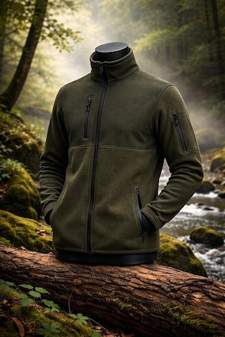 Vatan Tekstil Slim Fit Erkek Tam Fermuarlı Dik Yaka 4 Cepli Polar Softshell Garnili Haki
