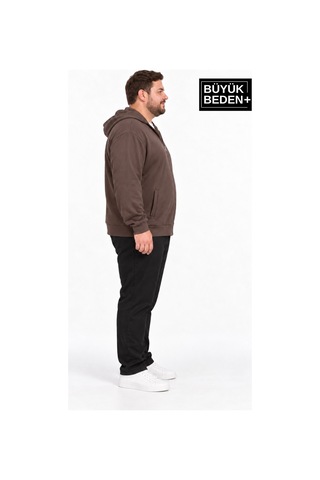 Süperlife Erkek Büyük Beden İki İplik Kapüşonlu Fermuarlı Cepli Sweatshirt Hırka Spr26bhr961 Kahverengi