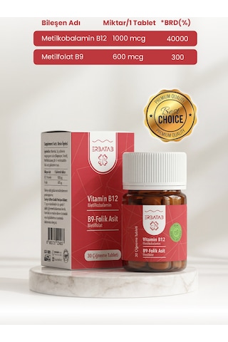 Erbatab Vitamin B12 Folik Asit B9 Takviye Edici Gıda 30 Çiğneme Tablet
