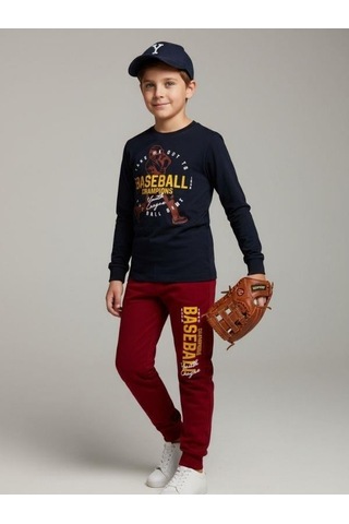Zekids Erkek Çocuk Pamuklu Baseball Baskılı Pijama Takımı-16818 Siyah
