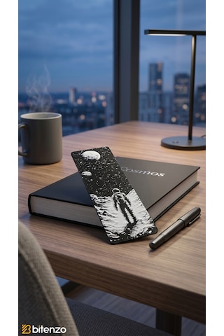 Astronot Ve Gezegen Tasarım Kabartma Dokulu Kitap Ayracı - Uzay Temalı Mat Siyah Kitap Aksesuarı