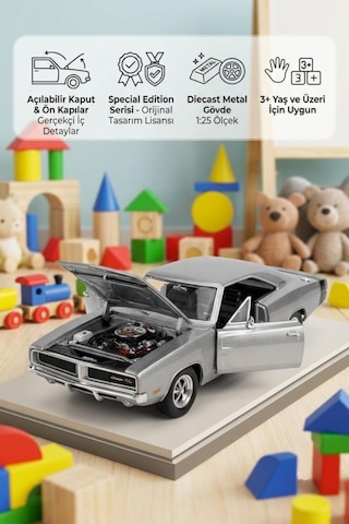 Maisto Lisanslı Metal Dodge Charger R/t 1969 1:25 Kapısı Ve Kaputu Açılabilir Oyuncak Model Araba Gri