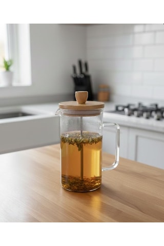 Bambu French Press 1000 Cc Bitki Çayı Filitre Kahve Bambu - Şeffaf