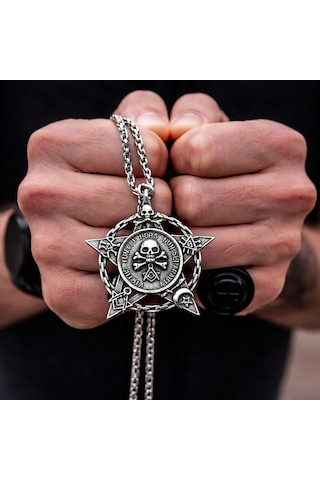 Paslanmaz Çelik Okült Sembollü Erkek Gotik Kurukafa Pentagram Kolye Çelik