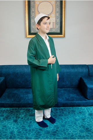 Yeşil Buhara Yaka Namaz Elbisesi Erkek Çocuk Cübbe Yeşil