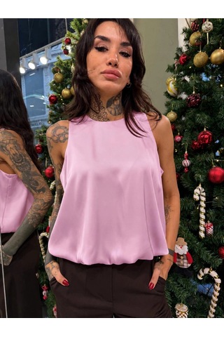 Elora Atelier Bisiklet Yaka Balon Saten Bluz Pembe