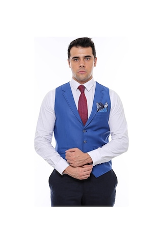 Wessi Mavi Yakalı Desensiz Erkek Yelek 001