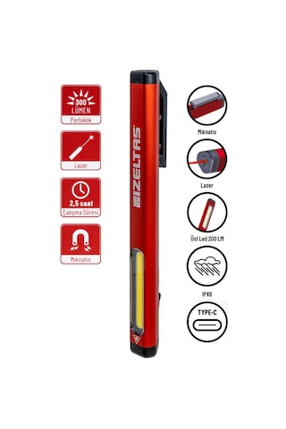 İzeltaş Cob Led Şarjlı Lazer Pointer Kalem Tipi Fener 300 Lm Kırmızı - Siyah