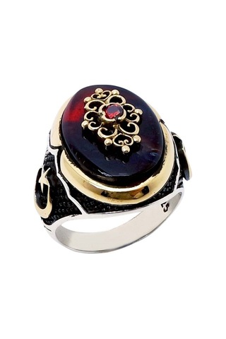 Vog Ay Yıldızlı Otantik Tasarım Kırmızı 925 Ayar Gümüş Erkek Yüzük