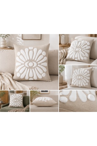 Flora 43x43 Cm Dekoratif Kırlent Kılıfı Kabartmalı Çiçek Desenli Modern Koltuk Yastık Kılıfı Bej