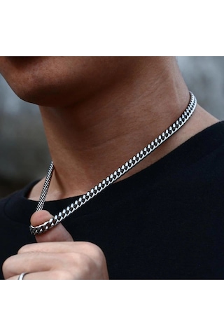Gümüş Renk Cuban İnce Paslanmaz Çelik Unisex Erkek Zincir Kolye 55 Cm. Çelik Kolye - 2676 Gümüş